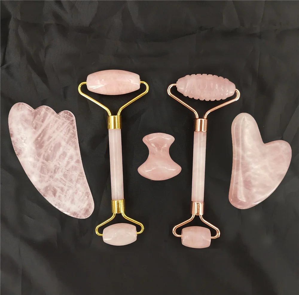 Set de Massage Visage en Quartz Rose – Rouleaux & Gua Sha Antirides