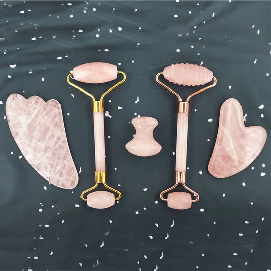Set de Massage Visage en Quartz Rose – Rouleaux & Gua Sha Antirides