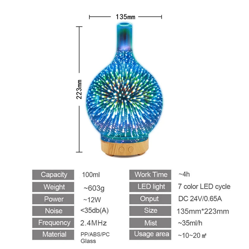 Diffuseur d'Huiles Essentielles 3D en Verre – LED Feu d’Artifice & Brume Apaisante
