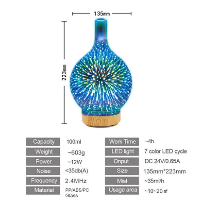 Diffuseur d'Huiles Essentielles 3D en Verre – LED Feu d’Artifice & Brume Apaisante