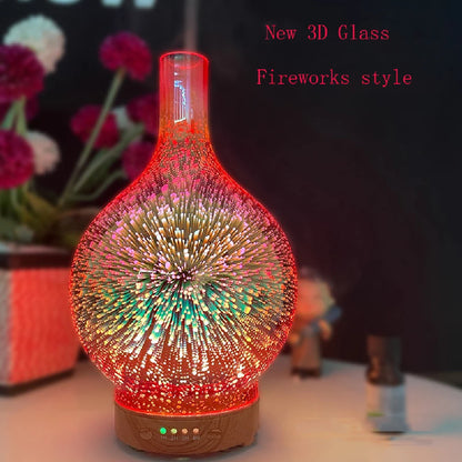 Diffuseur d'Huiles Essentielles 3D en Verre – LED Feu d’Artifice & Brume Apaisante