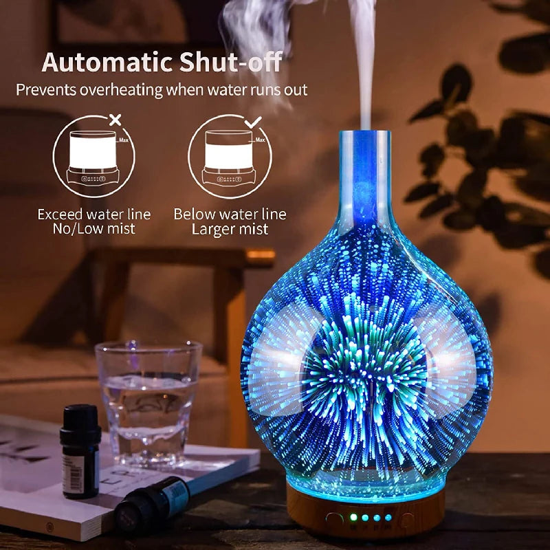 Diffuseur d'Huiles Essentielles 3D en Verre – LED Feu d’Artifice & Brume Apaisante