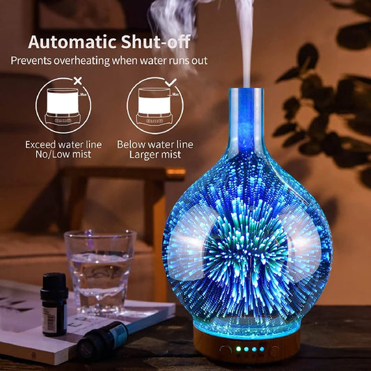 Diffuseur d'Huiles Essentielles 3D en Verre – LED Feu d’Artifice & Brume Apaisante