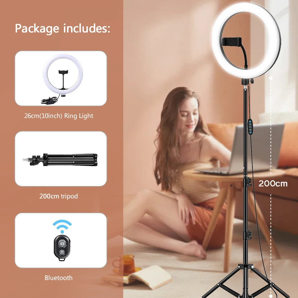 Anneau Lumineux LED 26 cm avec Trépied 200 cm – Éclairage Photo/Vidéo, 3 Modes, Télécommande