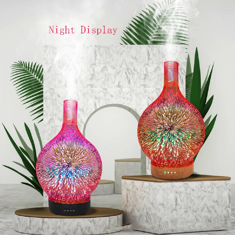 Diffuseur d'Huiles Essentielles 3D en Verre – LED Feu d’Artifice & Brume Apaisante