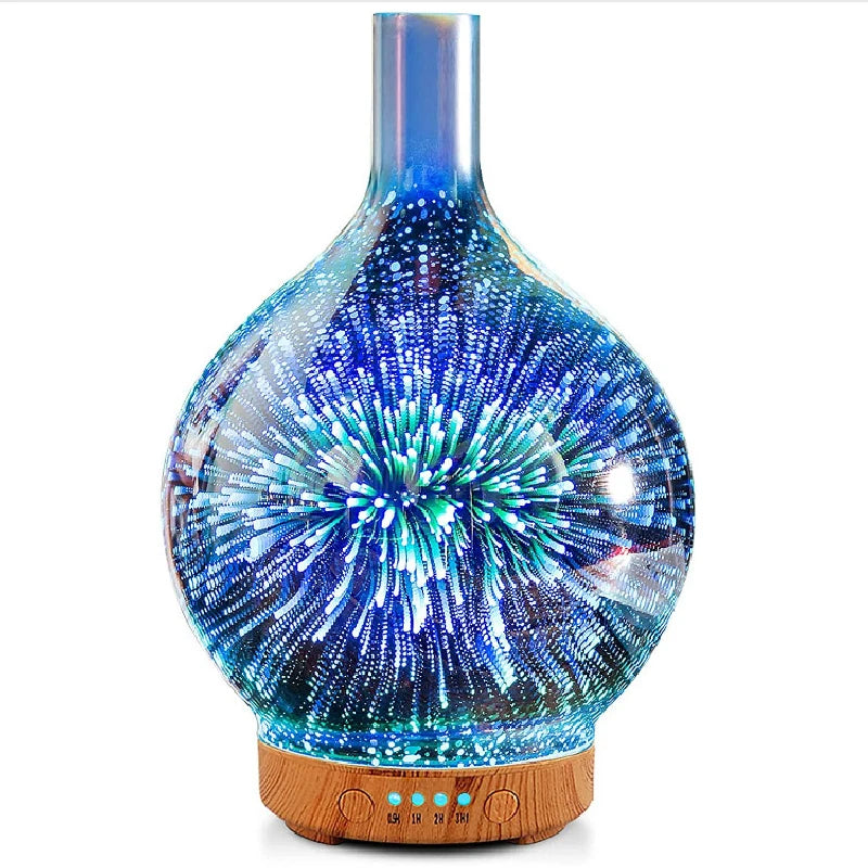 Diffuseur d'Huiles Essentielles 3D en Verre – LED Feu d’Artifice & Brume Apaisante