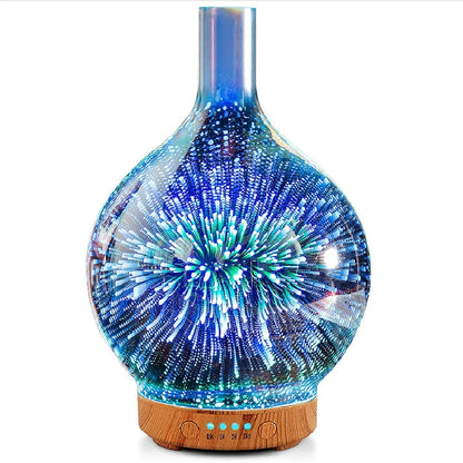 Diffuseur d'Huiles Essentielles 3D en Verre – LED Feu d’Artifice & Brume Apaisante