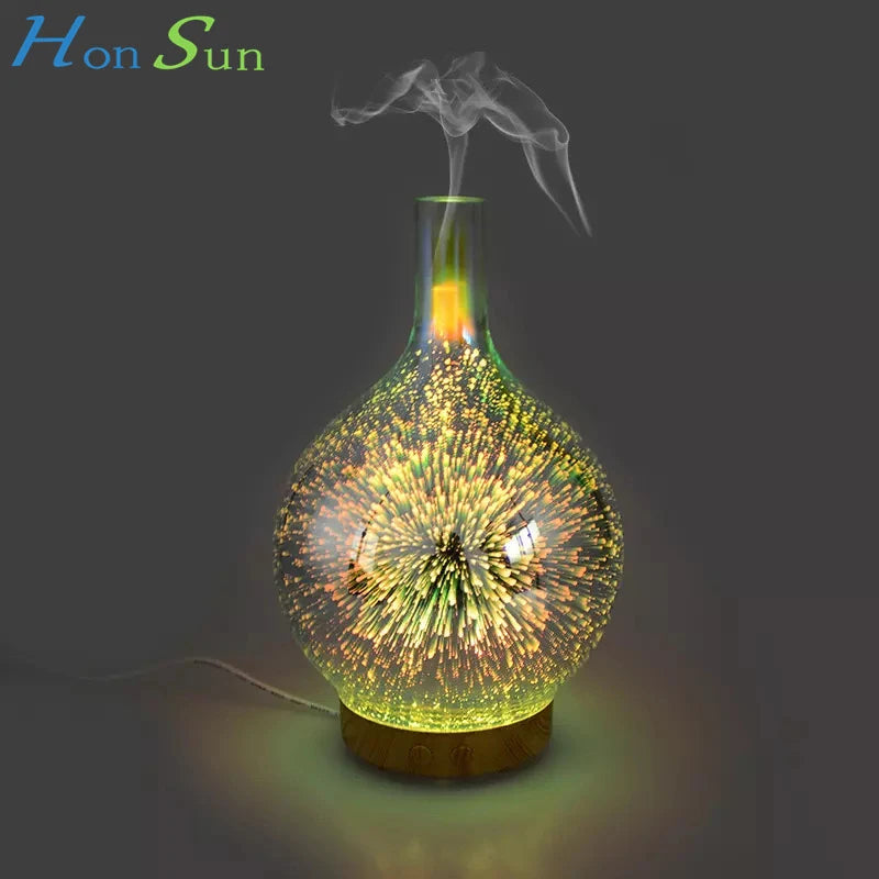 Diffuseur d'Huiles Essentielles 3D en Verre – LED Feu d’Artifice & Brume Apaisante