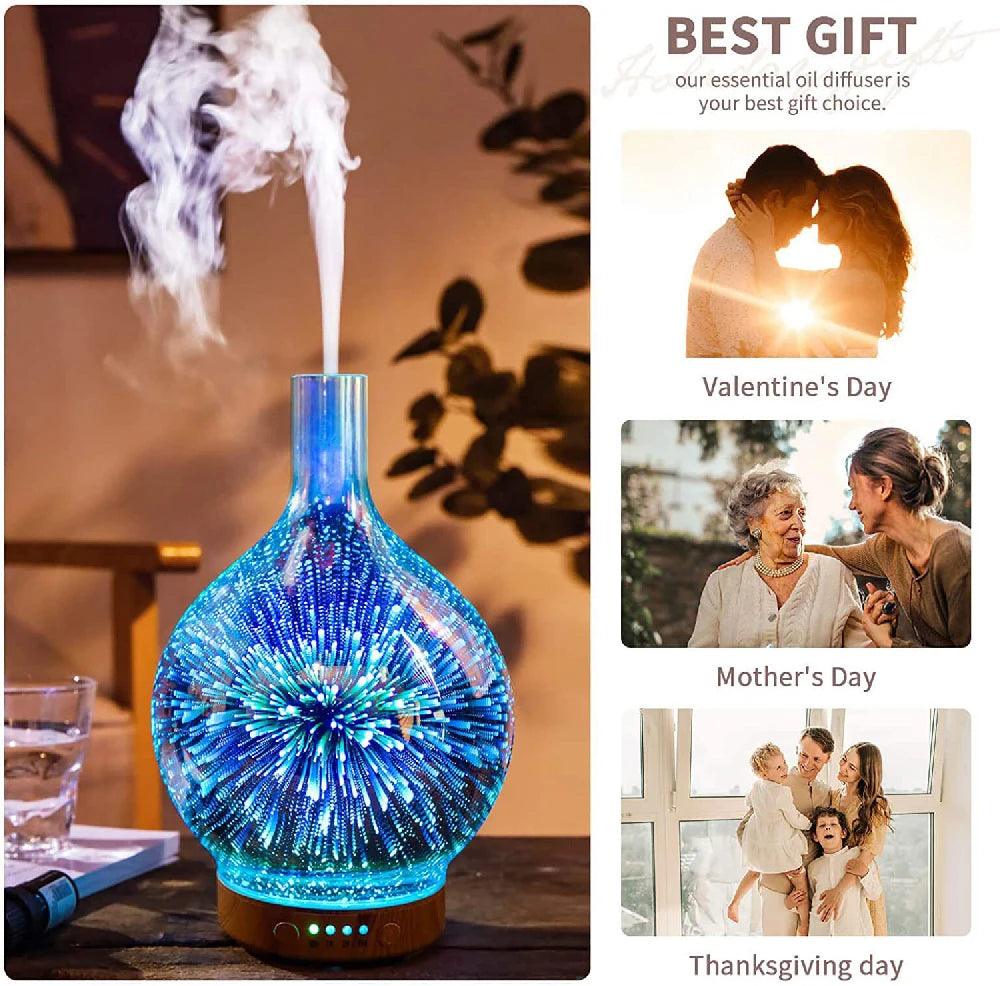 Diffuseur d'Huiles Essentielles 3D en Verre – LED Feu d’Artifice & Brume Apaisante