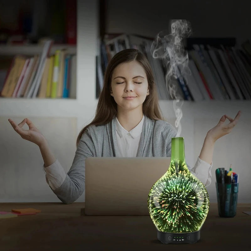 Diffuseur d'Huiles Essentielles 3D en Verre – LED Feu d’Artifice & Brume Apaisante