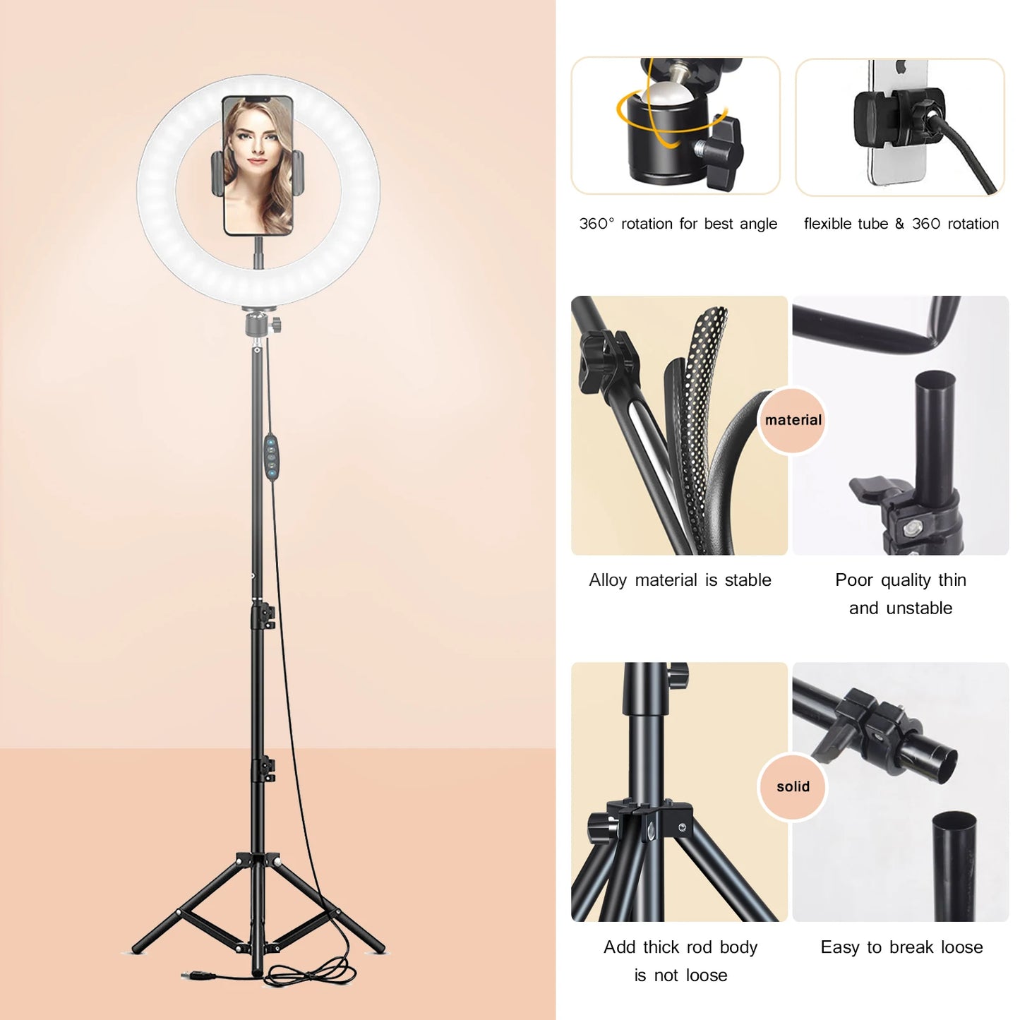 Anneau Lumineux LED 26 cm avec Trépied 200 cm – Éclairage Photo/Vidéo, 3 Modes, Télécommande