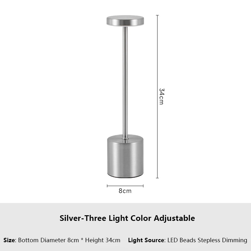 Lampe de Table LED Tactile – Rechargeable, 3 Couleurs, Design Métal Élégant – Ambiance, Chevet, Camping. Illuminez votre quotidien avec style et simplicité.