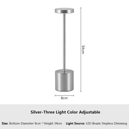 Lampe de Table LED Tactile – Rechargeable, 3 Couleurs, Design Métal Élégant – Ambiance, Chevet, Camping. Illuminez votre quotidien avec style et simplicité.