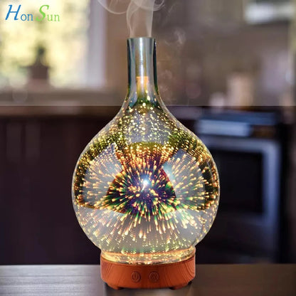 Diffuseur d'Huiles Essentielles 3D en Verre – LED Feu d’Artifice & Brume Apaisante
