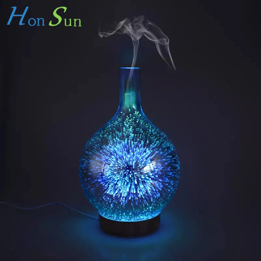 Diffuseur d'Huiles Essentielles 3D en Verre – LED Feu d’Artifice & Brume Apaisante