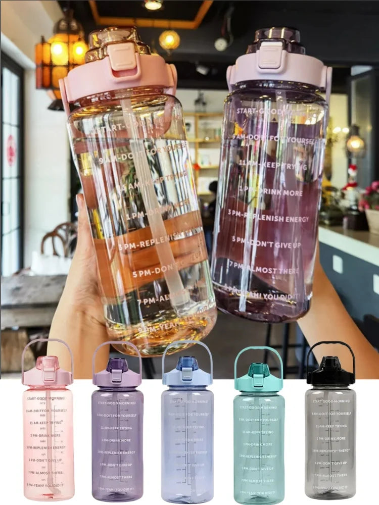 Gourde Sport 2L avec Paille – Bouteille d’Eau Grande Capacité avec Marqueur de Temps, Étanche et Réutilisable