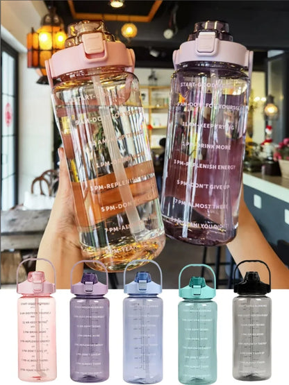 Gourde Sport 2L avec Paille – Bouteille d’Eau Grande Capacité avec Marqueur de Temps, Étanche et Réutilisable